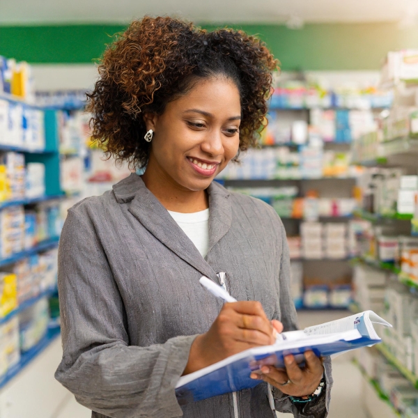 a cheerful and confident woman in her ordinary clothes writing a prescription in a pharmacy